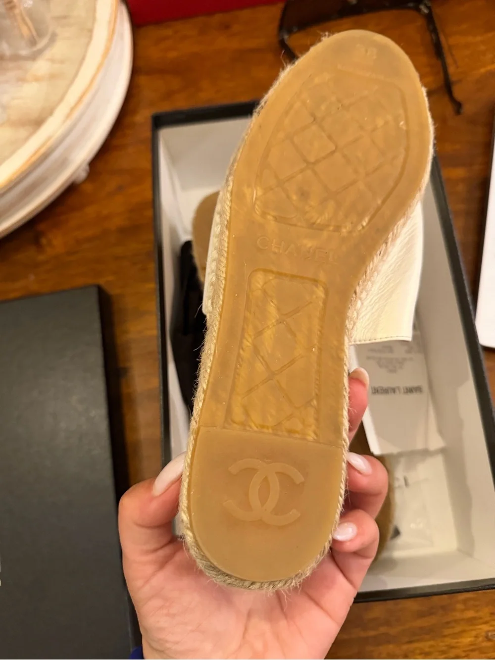 Chanel CC Lambskin Espadrille Mule Slides Ivory/Black